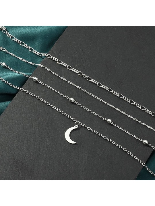 Tobilleras con Cuatro Cadenas Plateadas y Luna