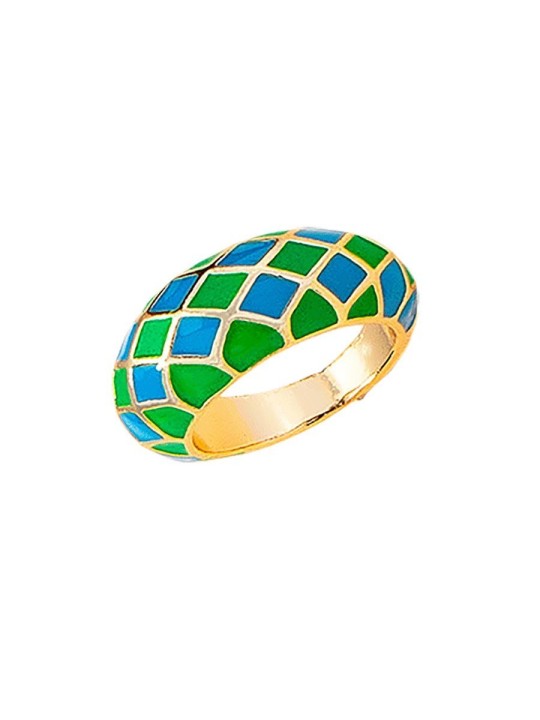 Anillo Dorado con Rejilla de Esmalte