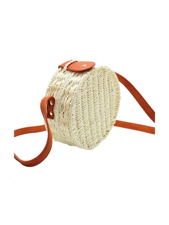 Bolso redondo de rafia blanca con cinta de cuero