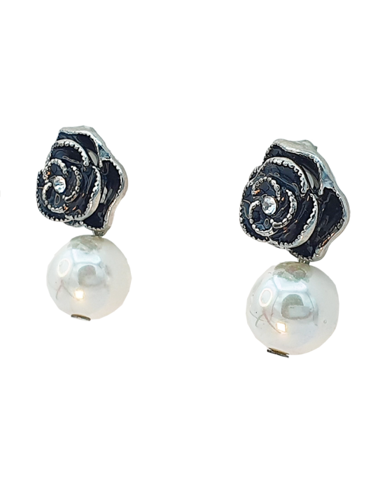 Pendientes gardenia negra y perla blanca