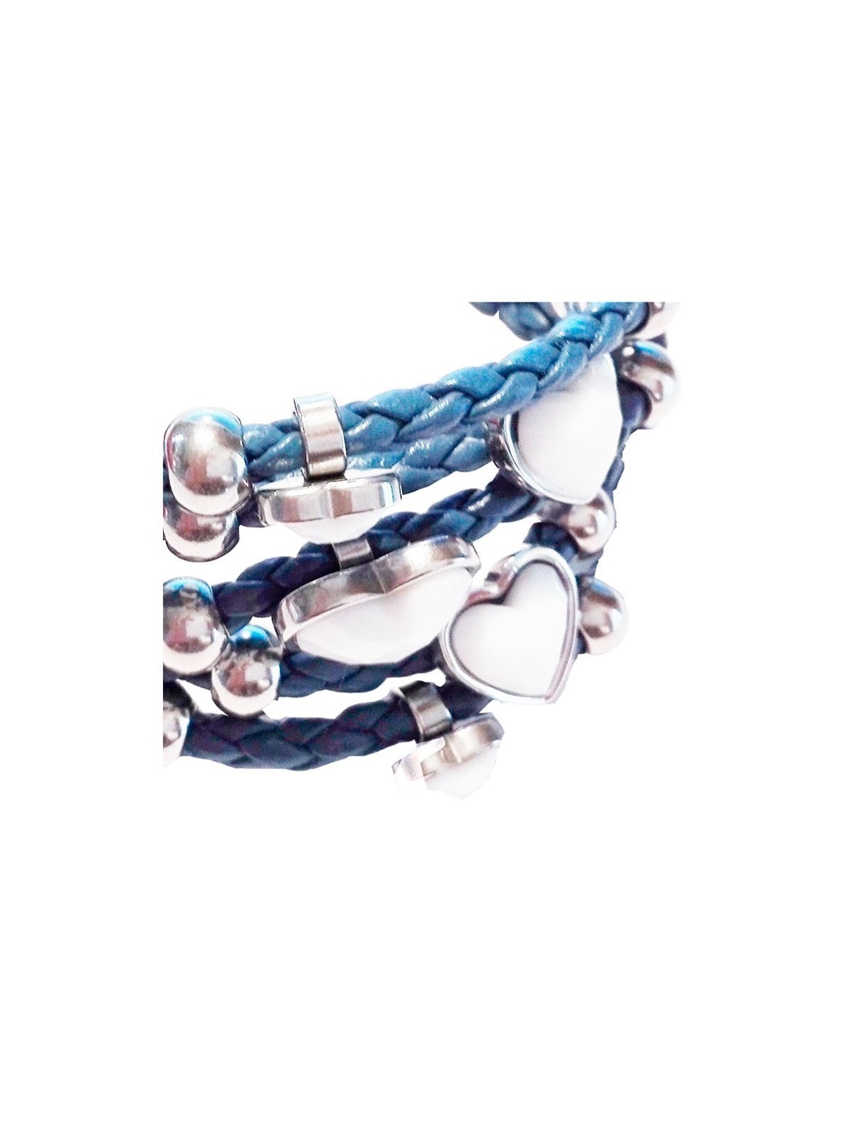 Brazalete cuero azul trenzado y corazones blancos