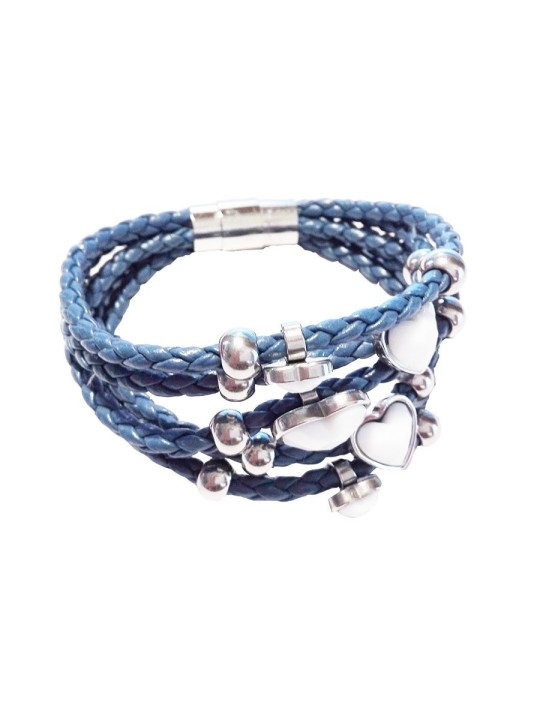 Pulsera trenzada de cuero azul y corazones