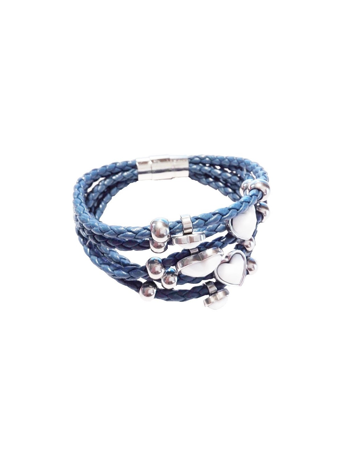 Pulsera trenzada de cuero azul y corazones